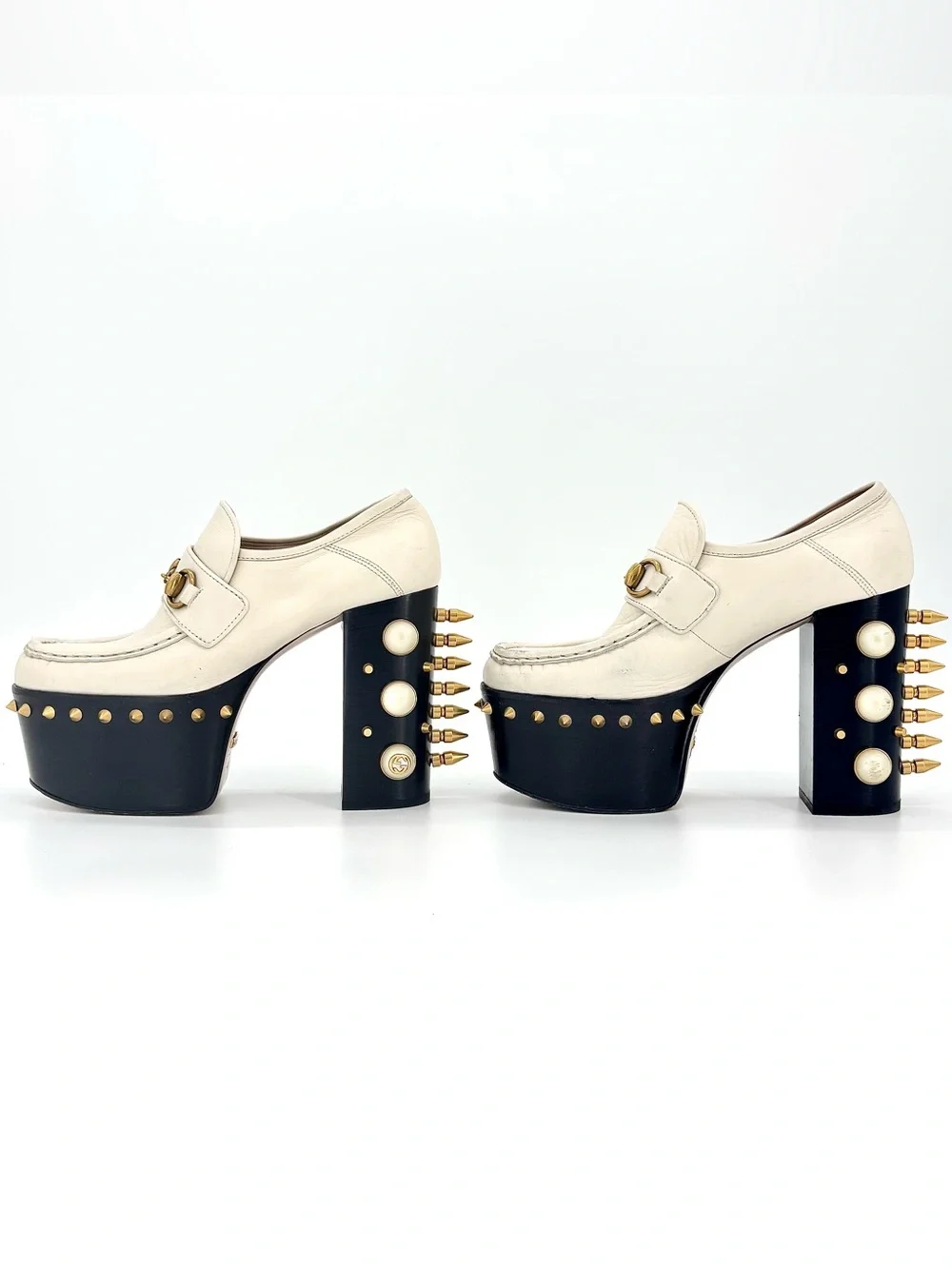 Gucci Vegas Spiked Pearl Horsebit Platform High Block Heel Loafers 36